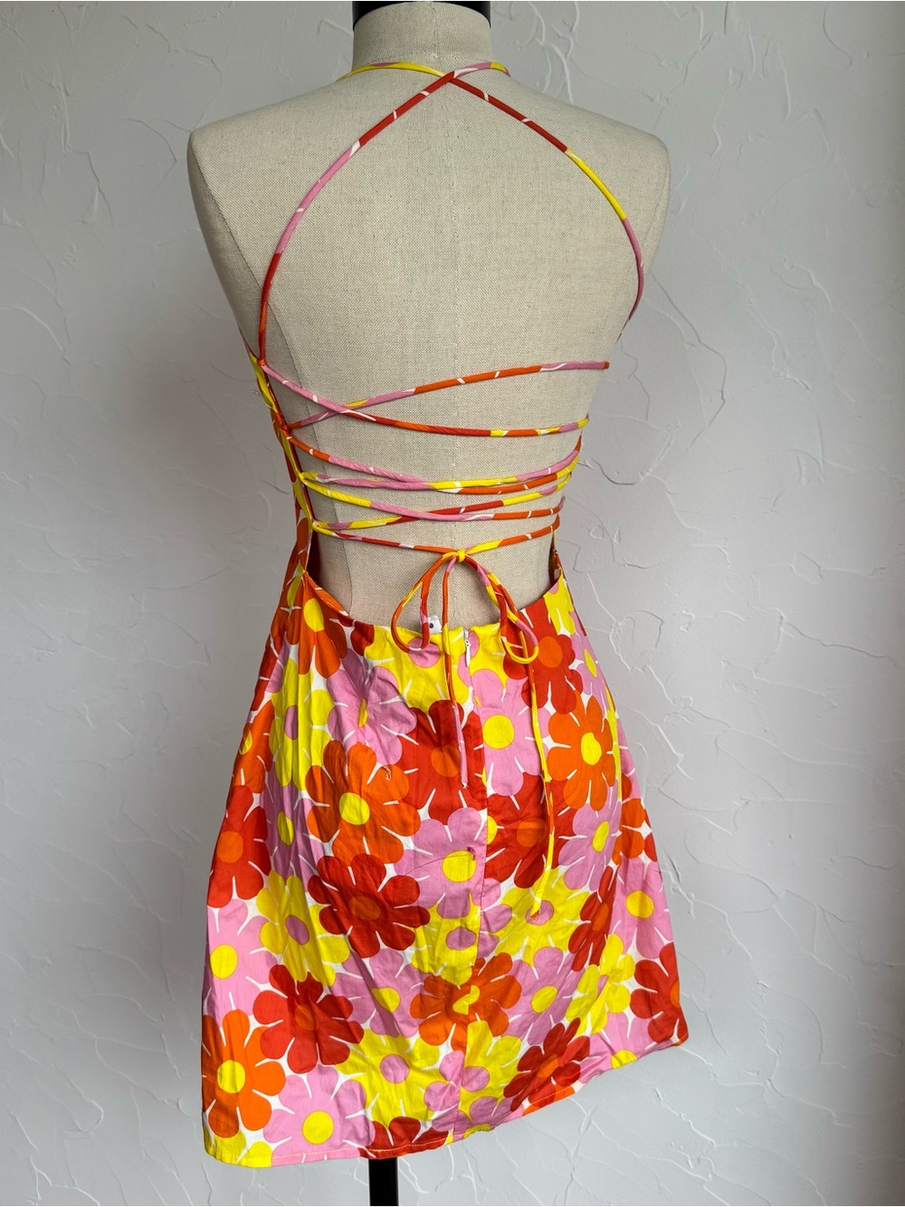 NWT Pink Orange Yellow Retro Floral Lace Up Open Back Mini Dress US 8